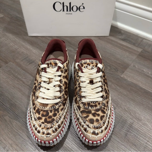 Chloe Nama Leopard Print Calf Hair Jungle Brown Sneakers - Picture 6 of 16